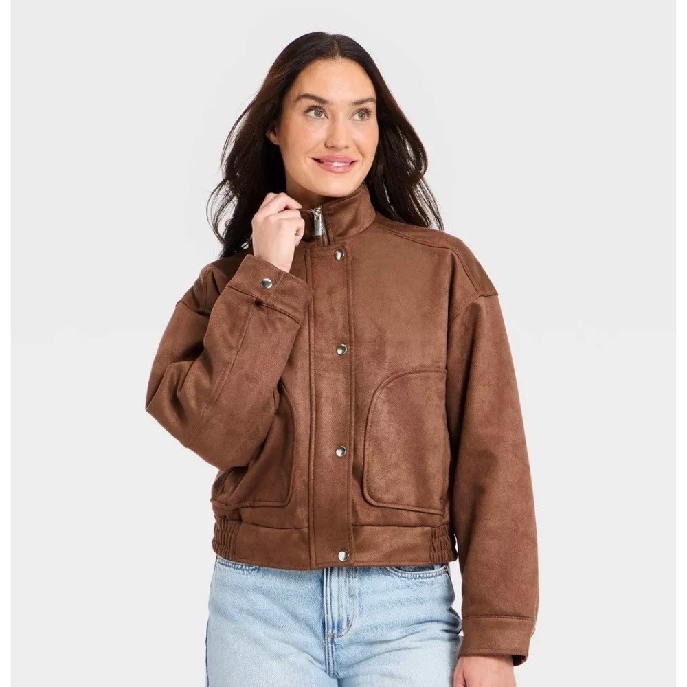 Universal Thread Brown Faux Suede Bomber Jacket Women Medium Mock Neck Zip Front